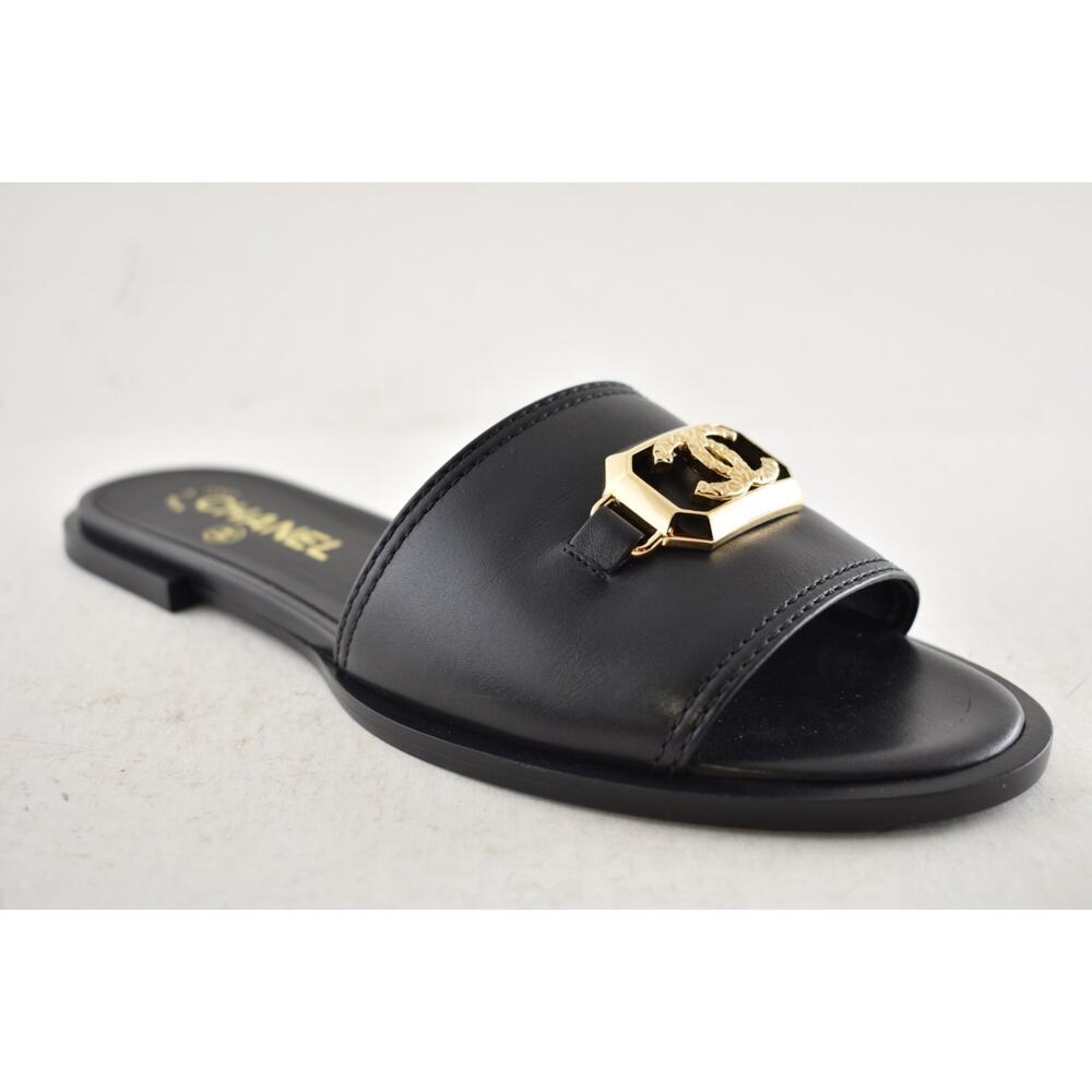 Chanel 23B Black Shiny Calfskin Leather Gold CC Logo Mule Slides Sandals Flat 38 - Picture 7 of 16